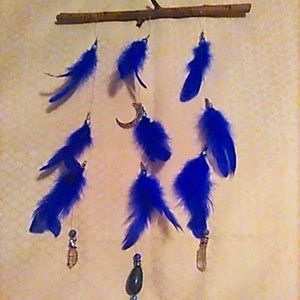 Wall Hanging Moon Blue Feathers Colorful Beads Crystals Handcrafted
